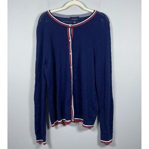 Lands End 100% Supima Cotton Navy Blue Button Up Cardigan Sweater Womens L 14 16